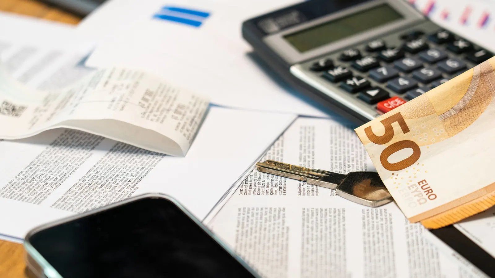 Billets en euros, calculatrice et documents pour préparer le financement d'une formation